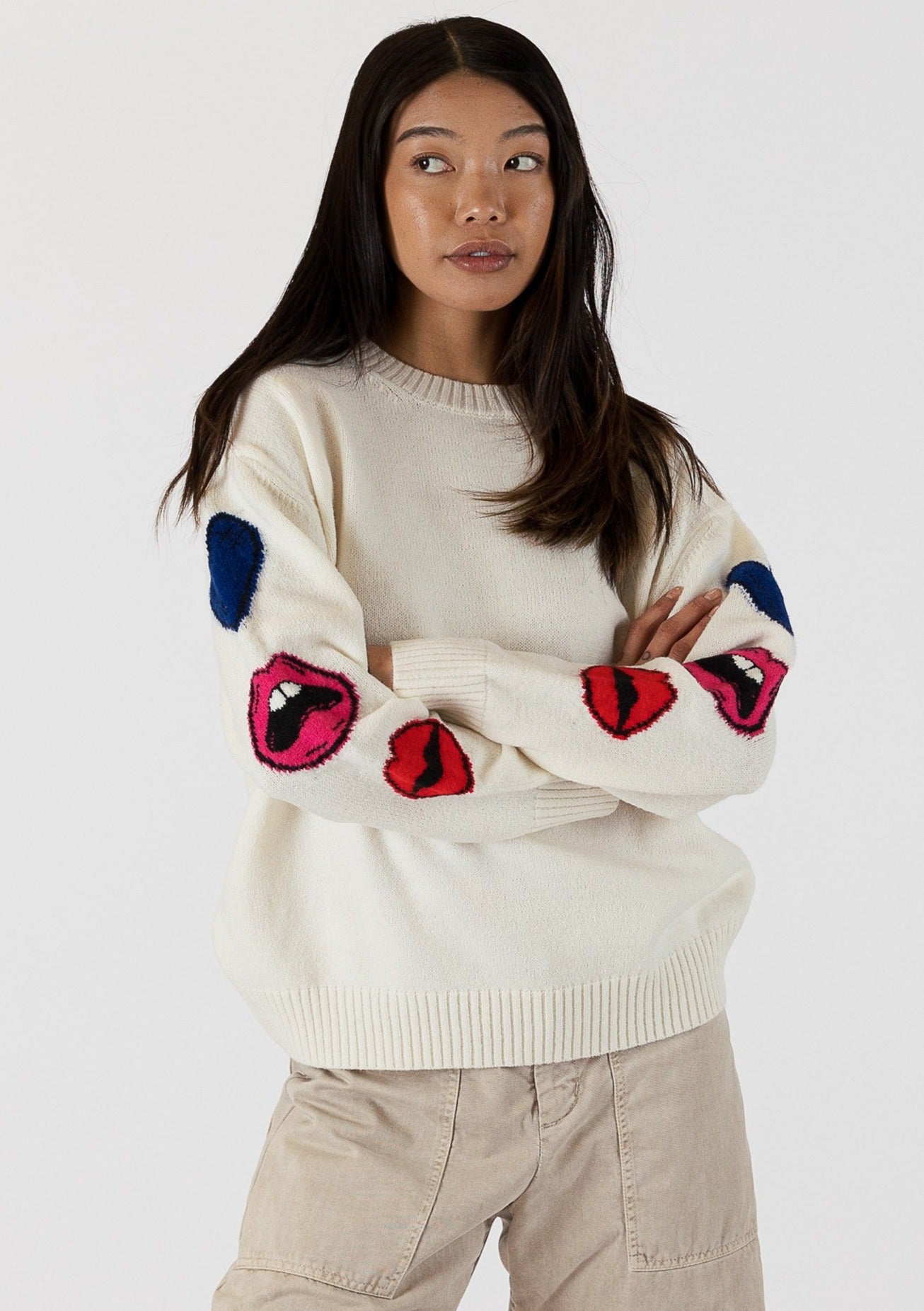 The Pink Door Crewneck Sweater w/ Lip Detail - White