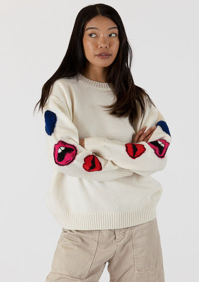 The Pink Door Crewneck Sweater w/ Lip Detail - White