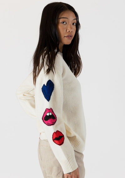 The Pink Door Crewneck Sweater w/ Lip Detail - White