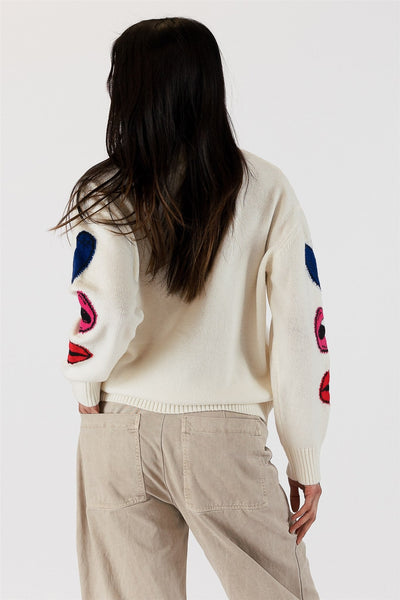 The Pink Door Crewneck Sweater w/ Lip Detail - White