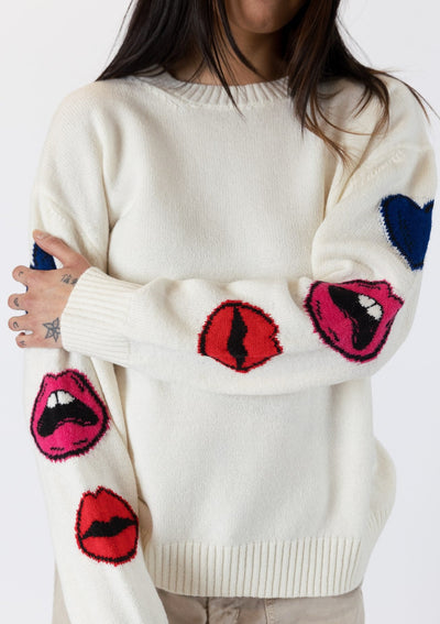 The Pink Door Crewneck Sweater w/ Lip Detail - White
