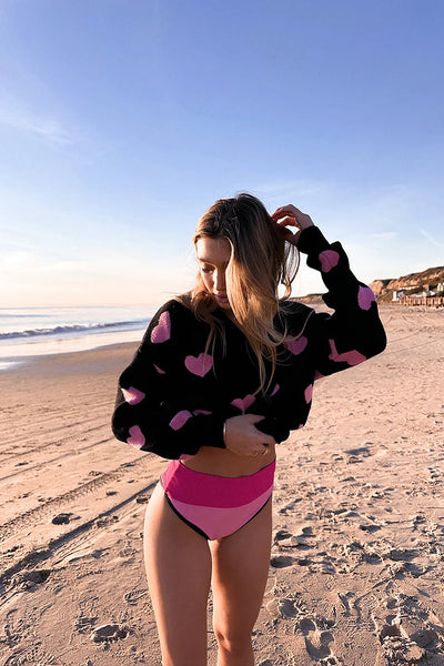 Beach Riot Joey Oversized Sweater w/ Pink Hearts - Black
