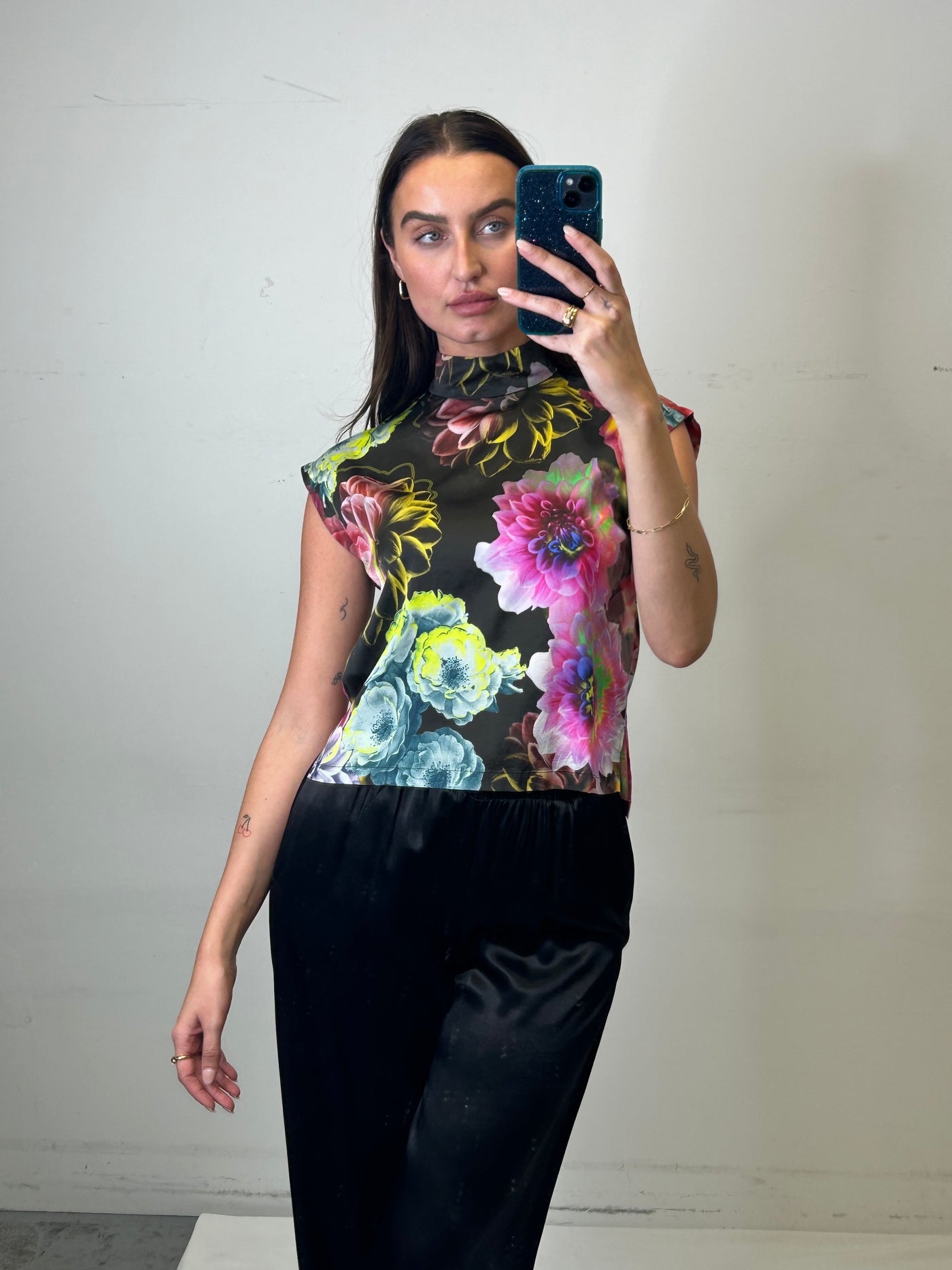 Max Volmary Floral Cuff Sleeve Mockneck Top