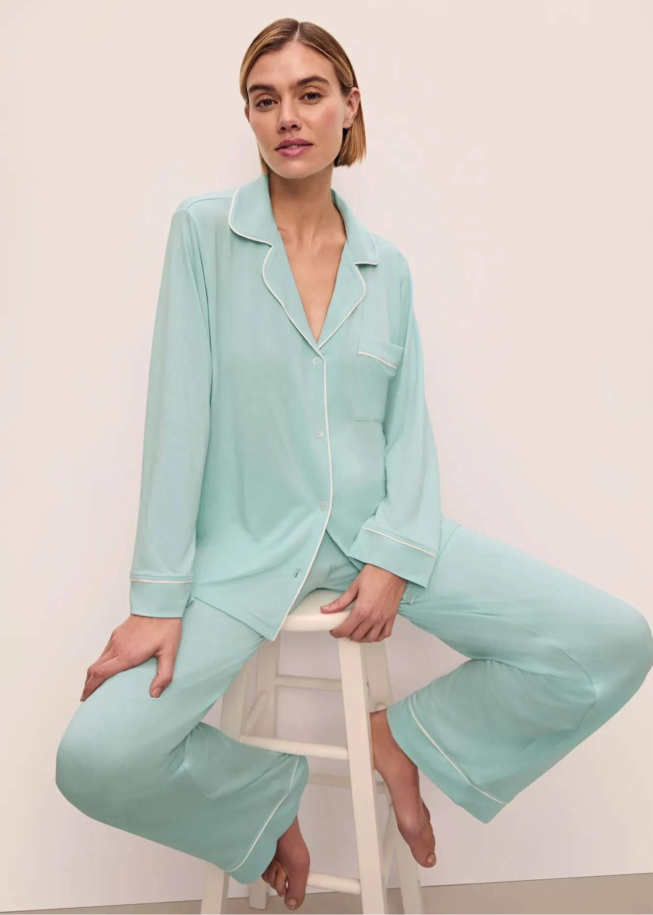 Eberjey Gisele Long PJ Set Canal Blue w/ Ivory Piping