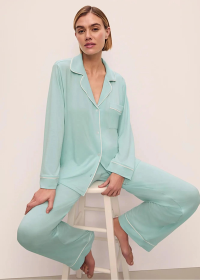 Eberjey Gisele Long PJ Set Canal Blue w/ Ivory Piping