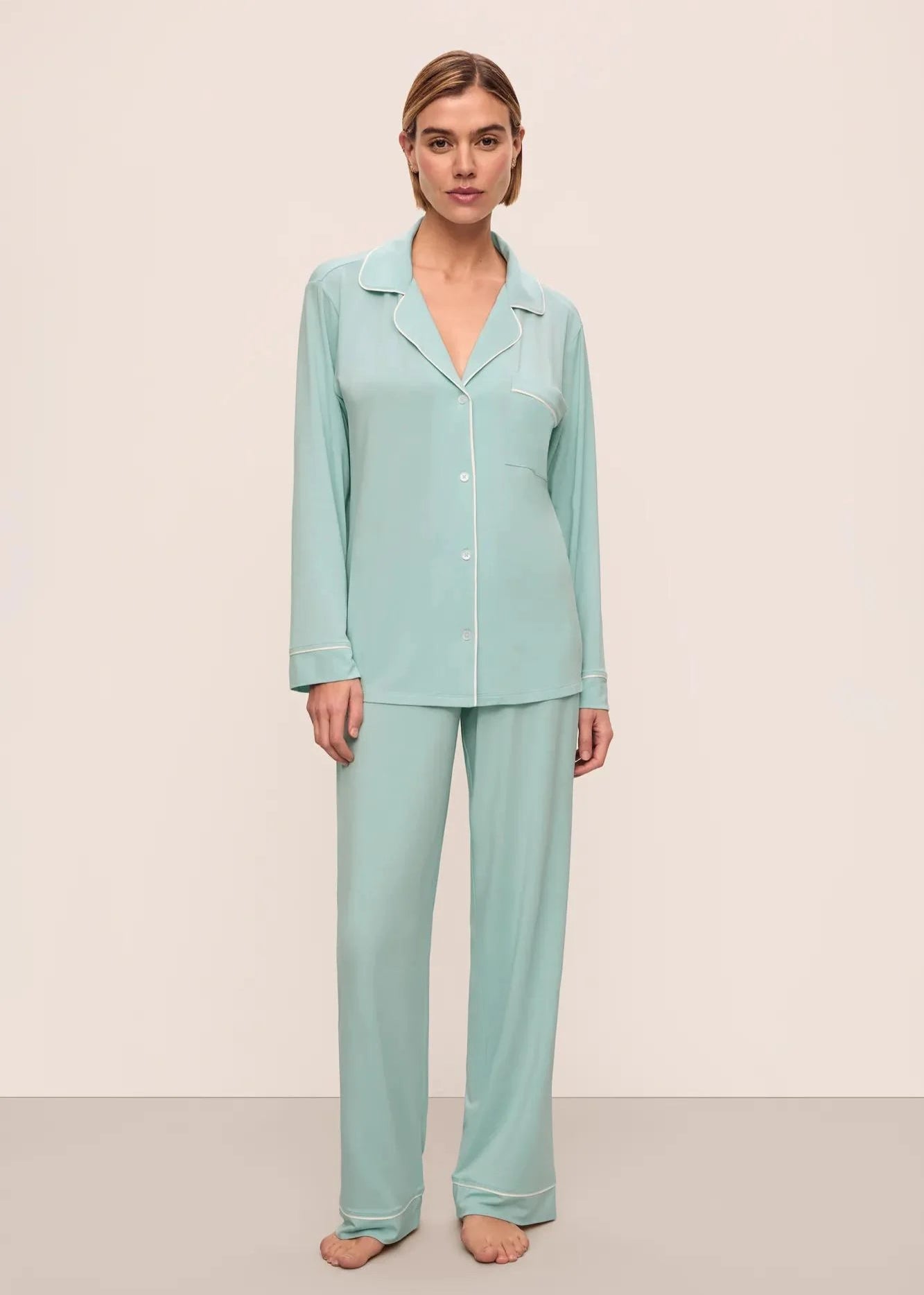 Eberjey Gisele Long PJ Set Canal Blue w/ Ivory Piping