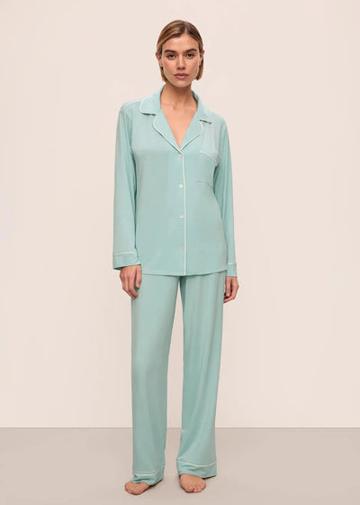 Eberjey Gisele Long PJ Set Canal Blue w/ Ivory Piping