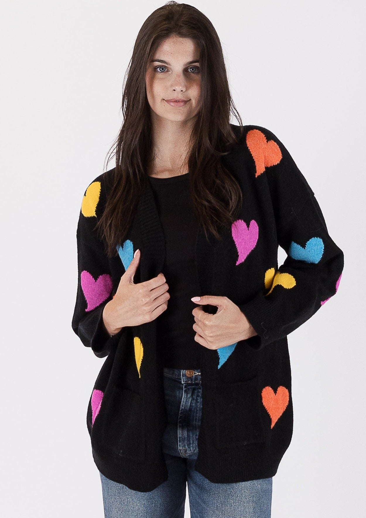 The Pink Door Colourful Heart Print Cardigan - Black/Multi