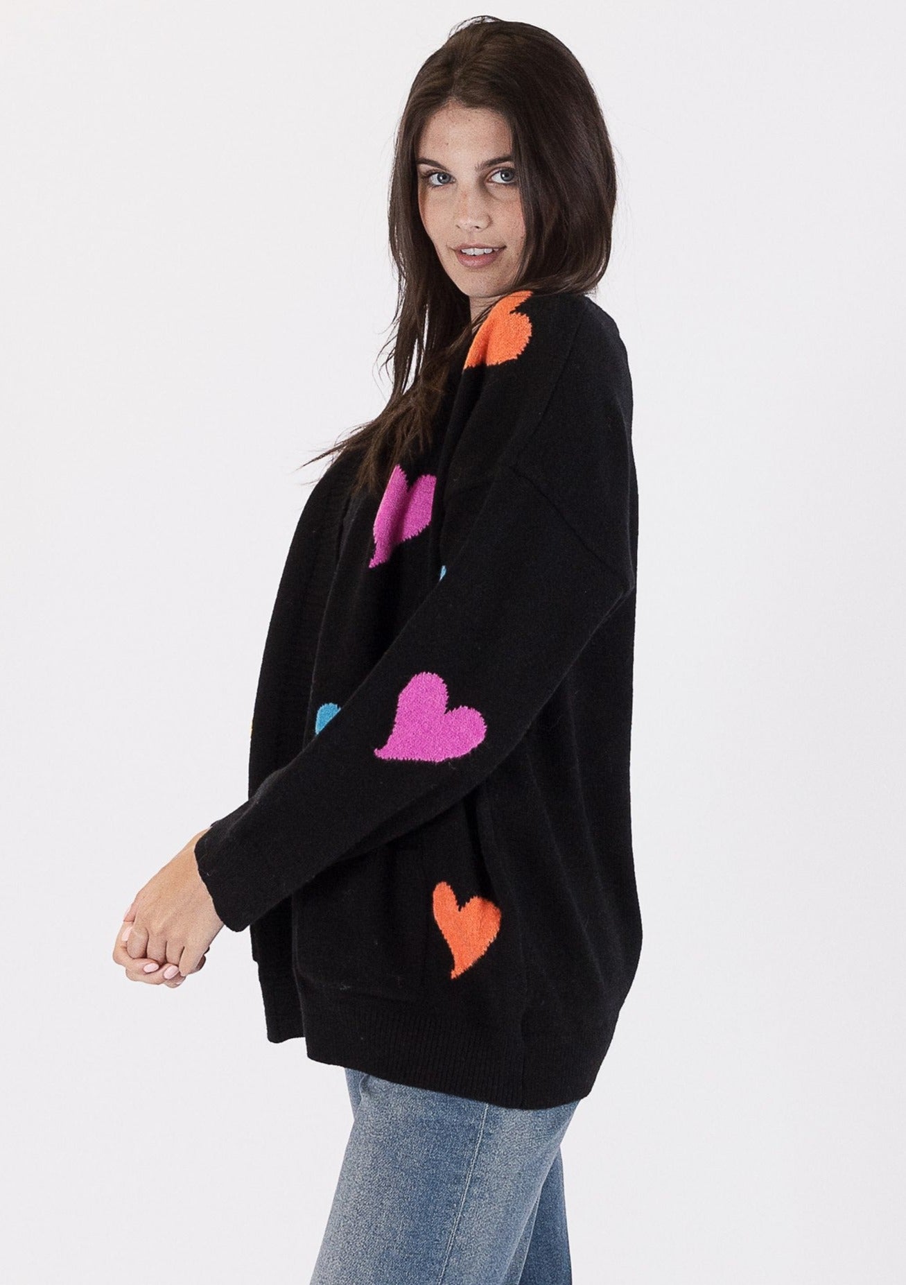 The Pink Door Colourful Heart Print Cardigan - Black/Multi