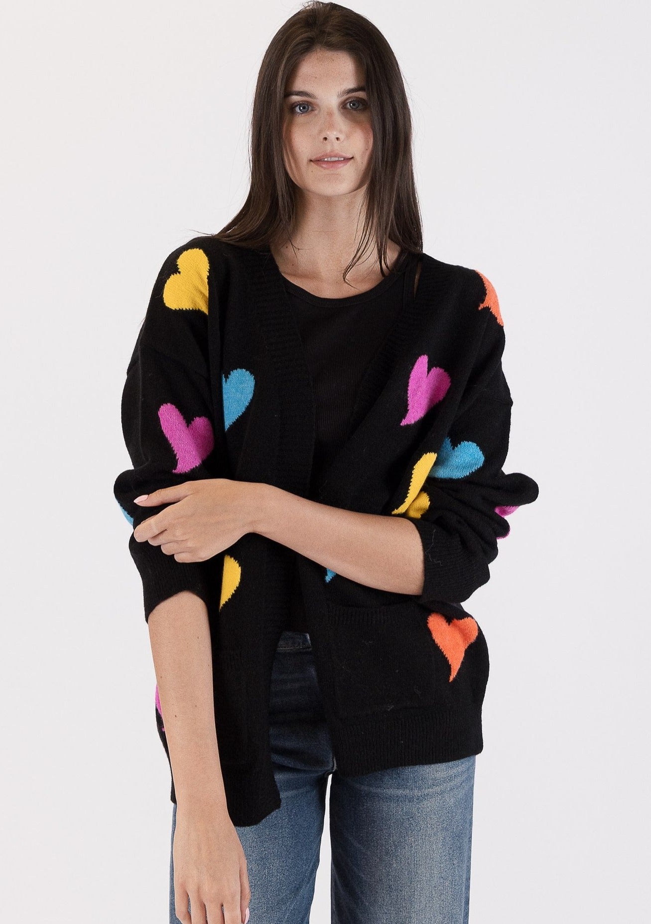 The Pink Door Colourful Heart Print Cardigan - Black/Multi
