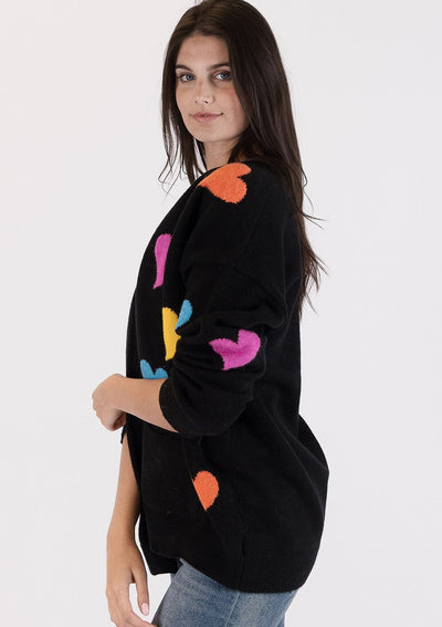 The Pink Door Colourful Heart Print Cardigan - Black/Multi