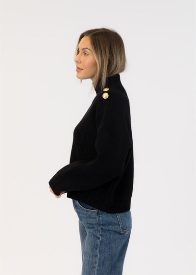 Lyla & Luxe Button Shoulder Mockneck Sweater Black