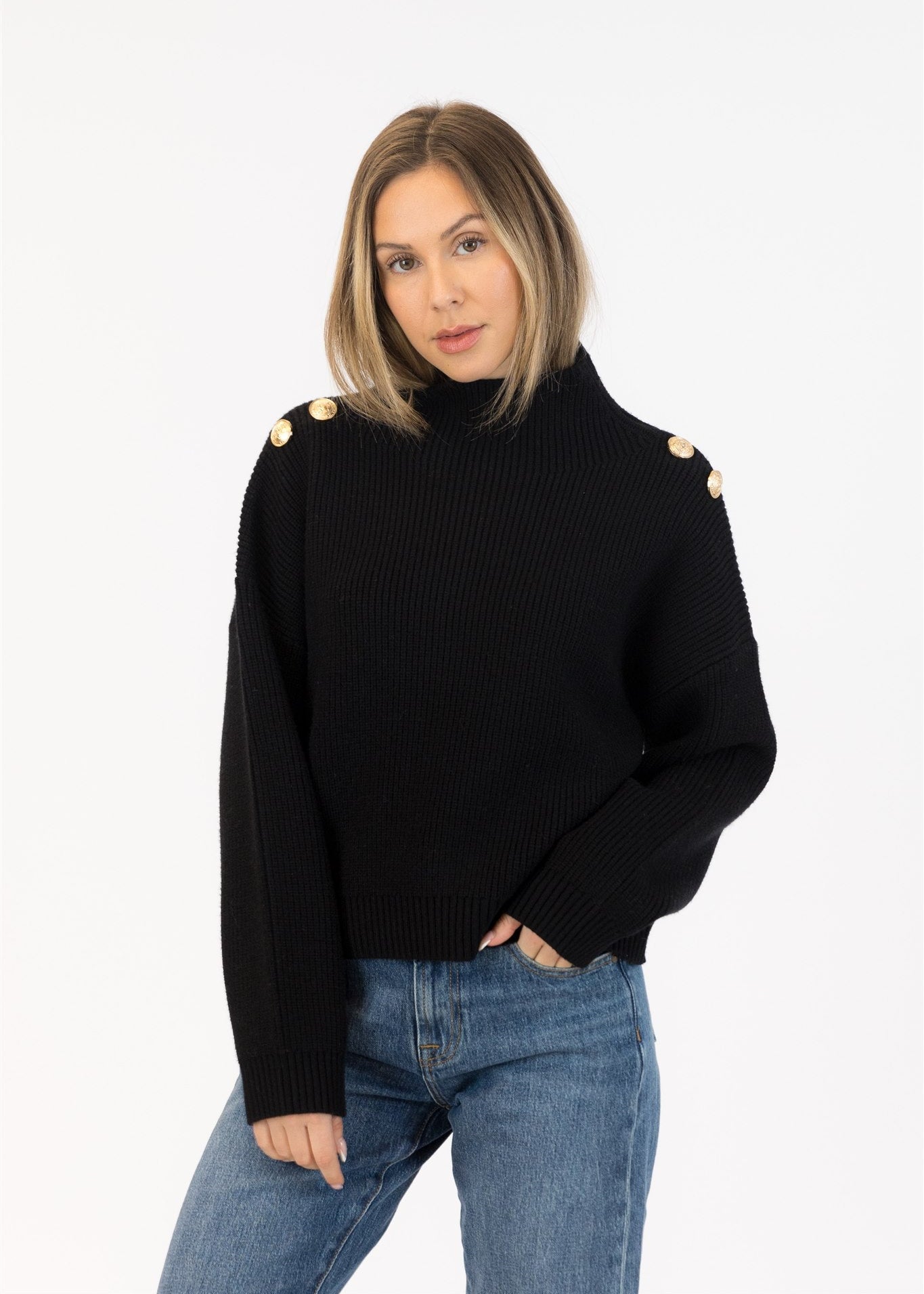Lyla & Luxe Button Shoulder Mockneck Sweater Black