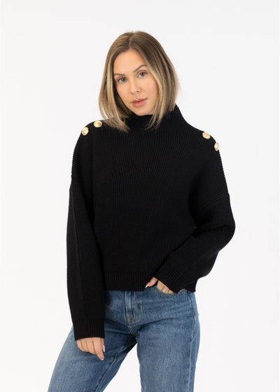 Lyla & Luxe Button Shoulder Mockneck Sweater Black