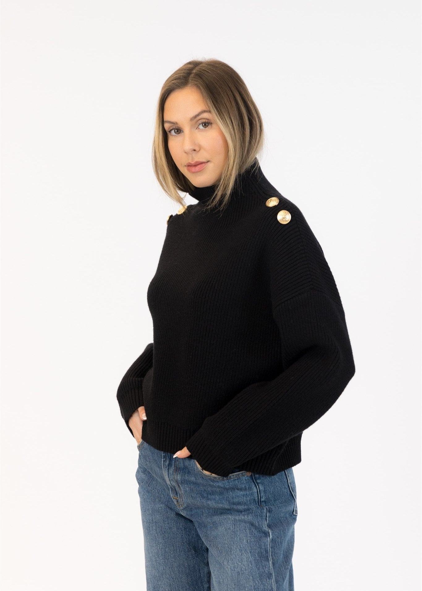 Lyla & Luxe Button Shoulder Mockneck Sweater Black