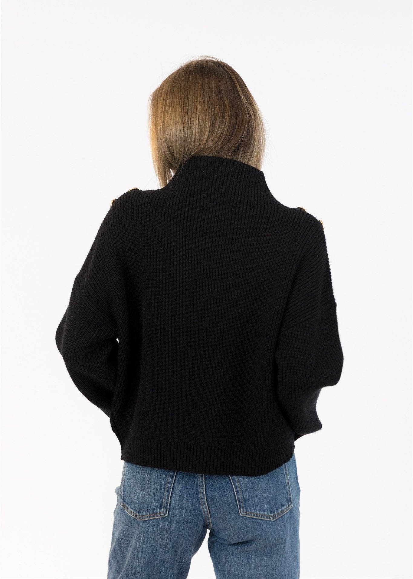 Lyla & Luxe Button Shoulder Mockneck Sweater Black