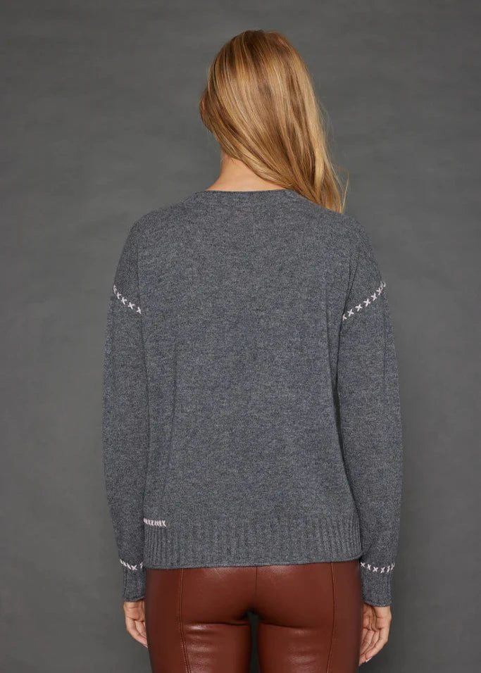 Lisa Todd Cashmere Crew Neck Sweater w Horse Print & Hand Stitch Detail - Ash