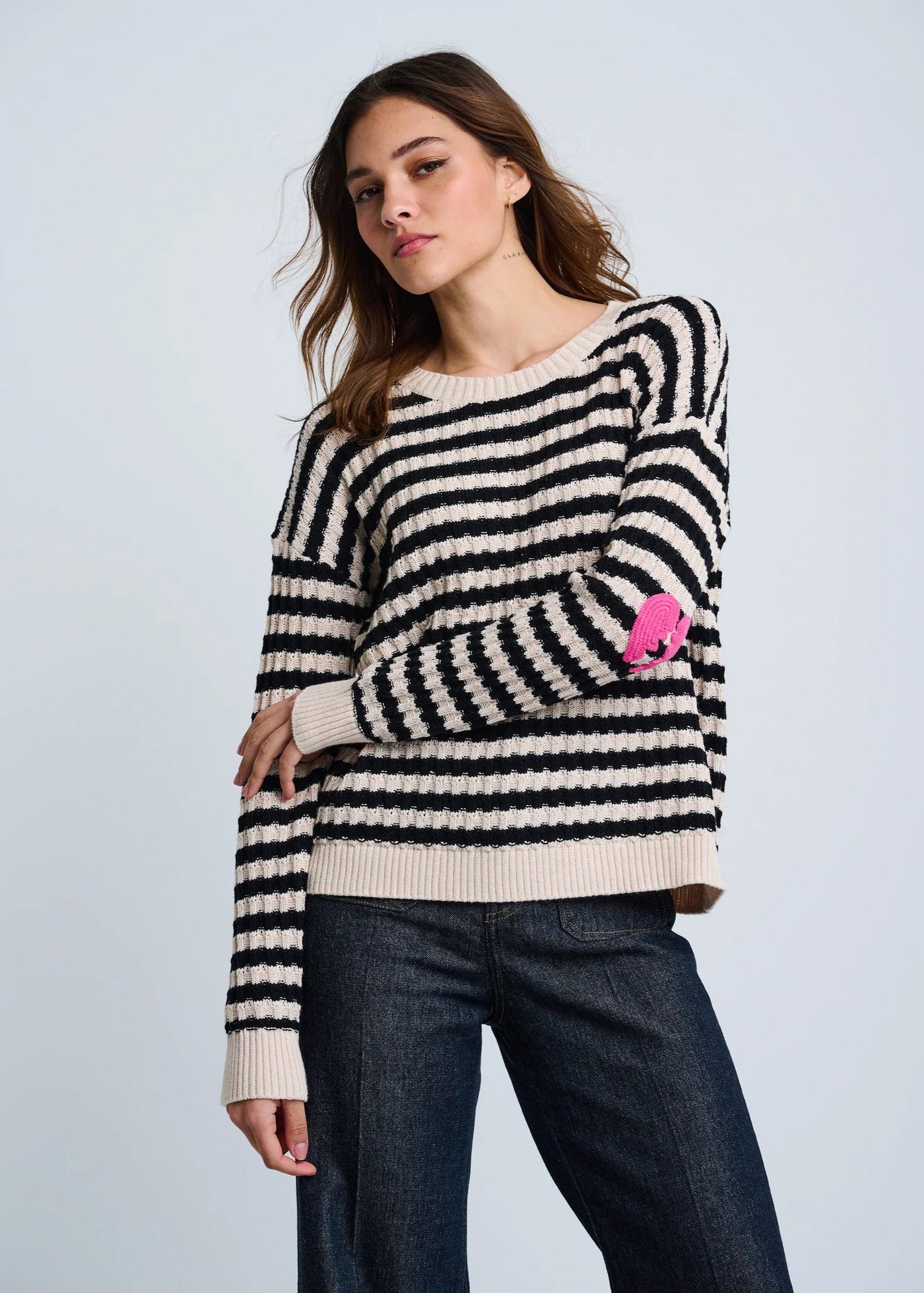 Lisa Todd It’s Complicated Striped Cotton/Cashmere Sweater Sheepskin/Black