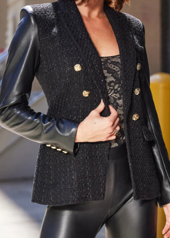 Generation Love Emilio Vegan Leather Combo Tweed Blazer Black