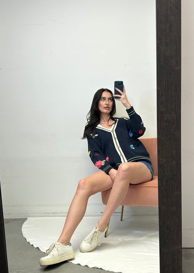 MINNIE ROSE Oversized Cardigan w/ Colourful Patches - Navy