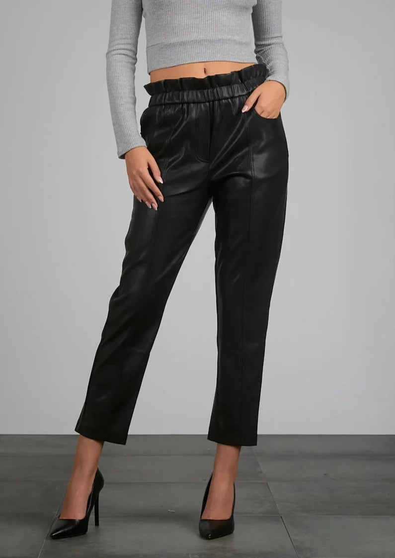 Elan Synched Waist Leather Pants - Black