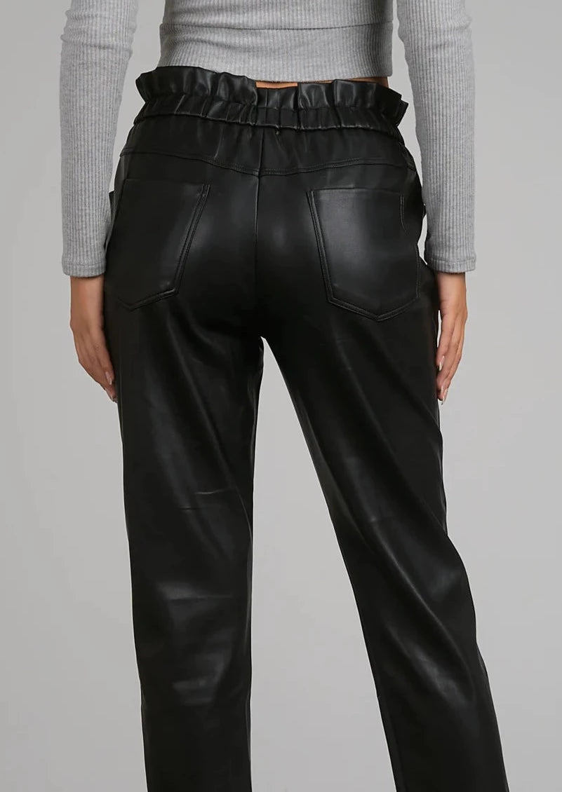 Elan Synched Waist Leather Pants - Black