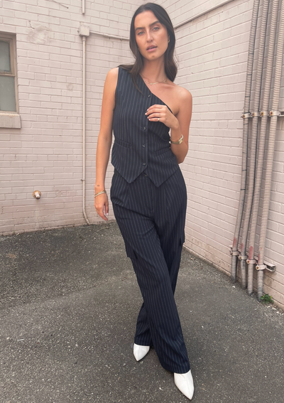 The Pink Door One Shoulder Vest - Navy Pinstripe