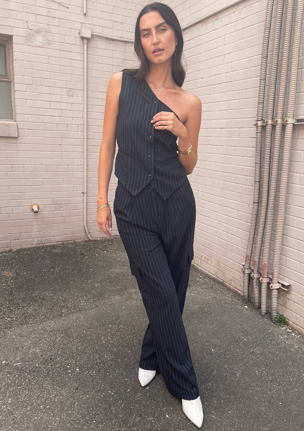 The Pink Door Wide Leg Pinstripe Cargo Pants - Navy