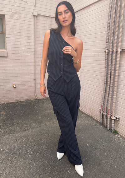 The Pink Door Wide Leg Pinstripe Cargo Pants - Navy