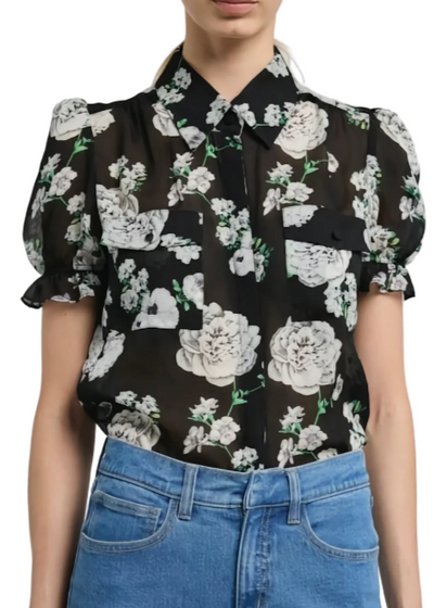 Generation Love Mina Floral Georgette Shirt Gardenia Black/White