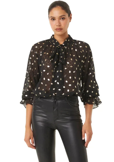 MISA Gracie Metallic Diamond Print Top - Black