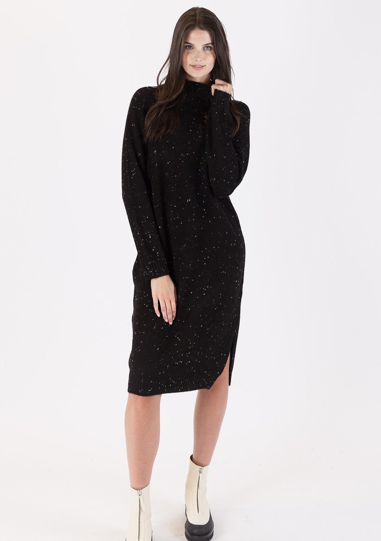 The Pink Door Knit Mock Neck Long Dress - Black Fleck