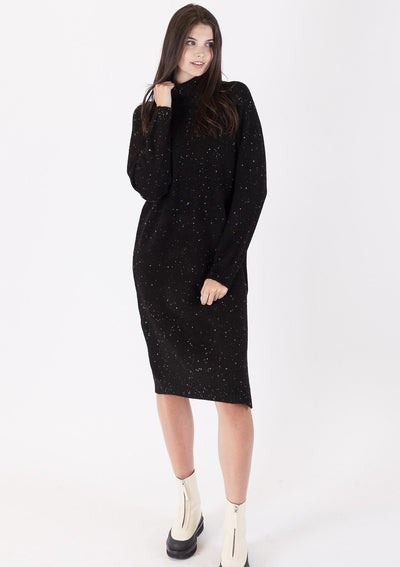 The Pink Door Knit Mock Neck Long Dress - Black Fleck