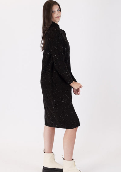 The Pink Door Knit Mock Neck Long Dress - Black Fleck
