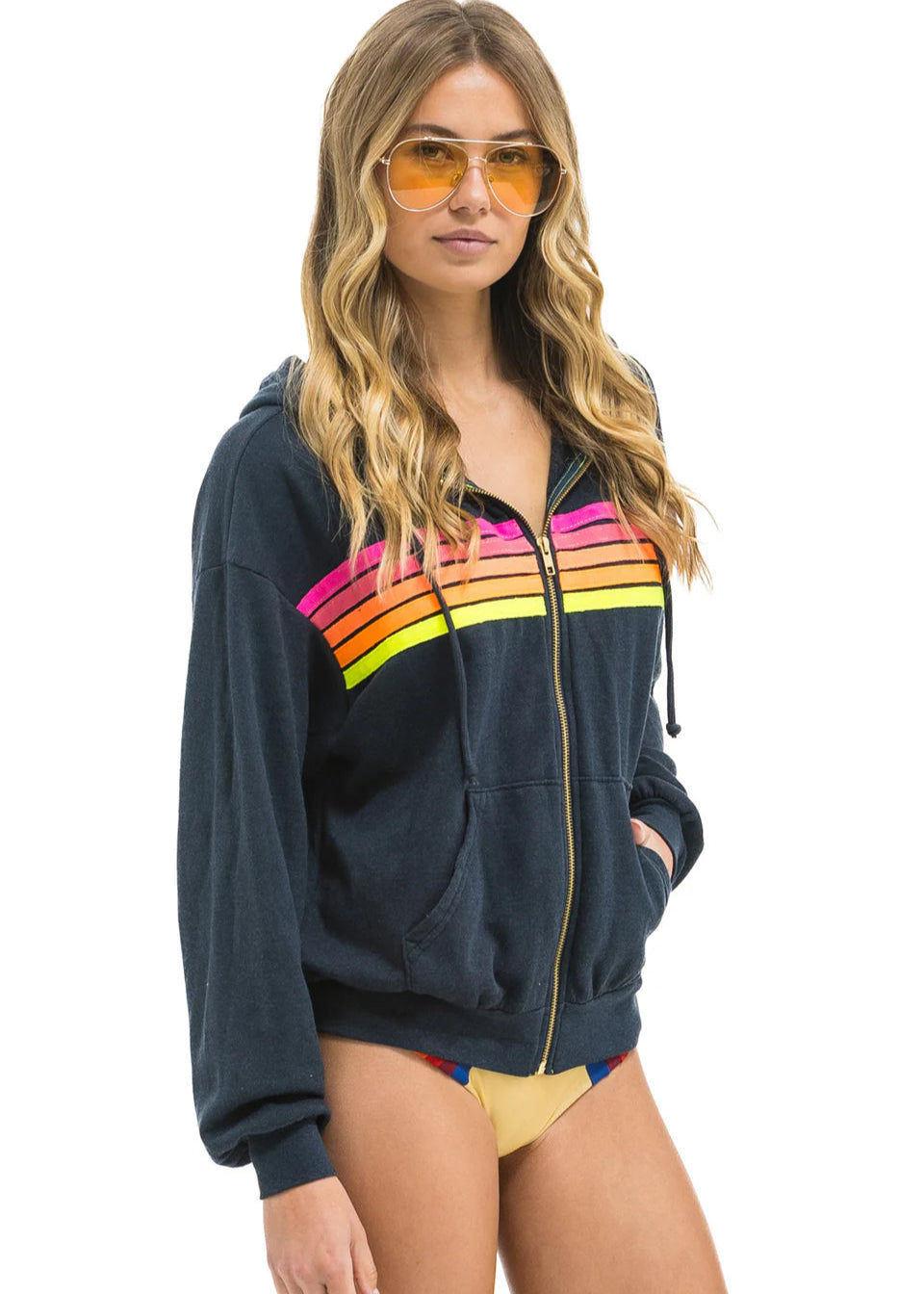 Aviator Nation 5 Stripe Zip Hoodie Relaxed Charcoal Neon