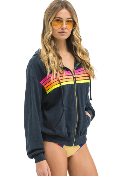 Aviator Nation 5 Stripe Zip Hoodie Relaxed Charcoal Neon