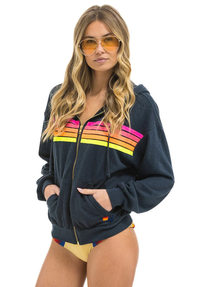Aviator Nation 5 Stripe Zip Hoodie Relaxed Charcoal Neon