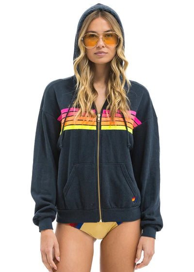 Aviator Nation 5 Stripe Zip Hoodie Relaxed Charcoal Neon