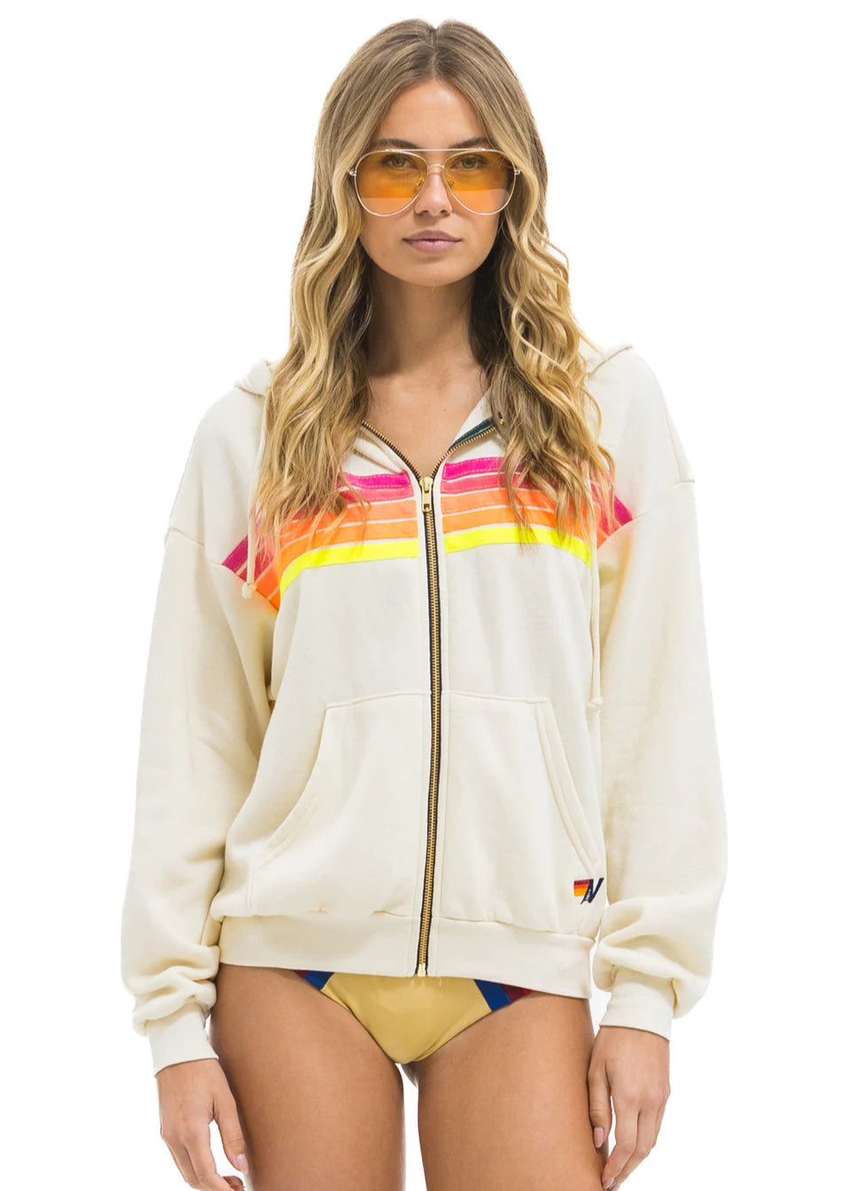 Aviator Nation 5 Stripe Zip Hoodie Relaxed White Neon