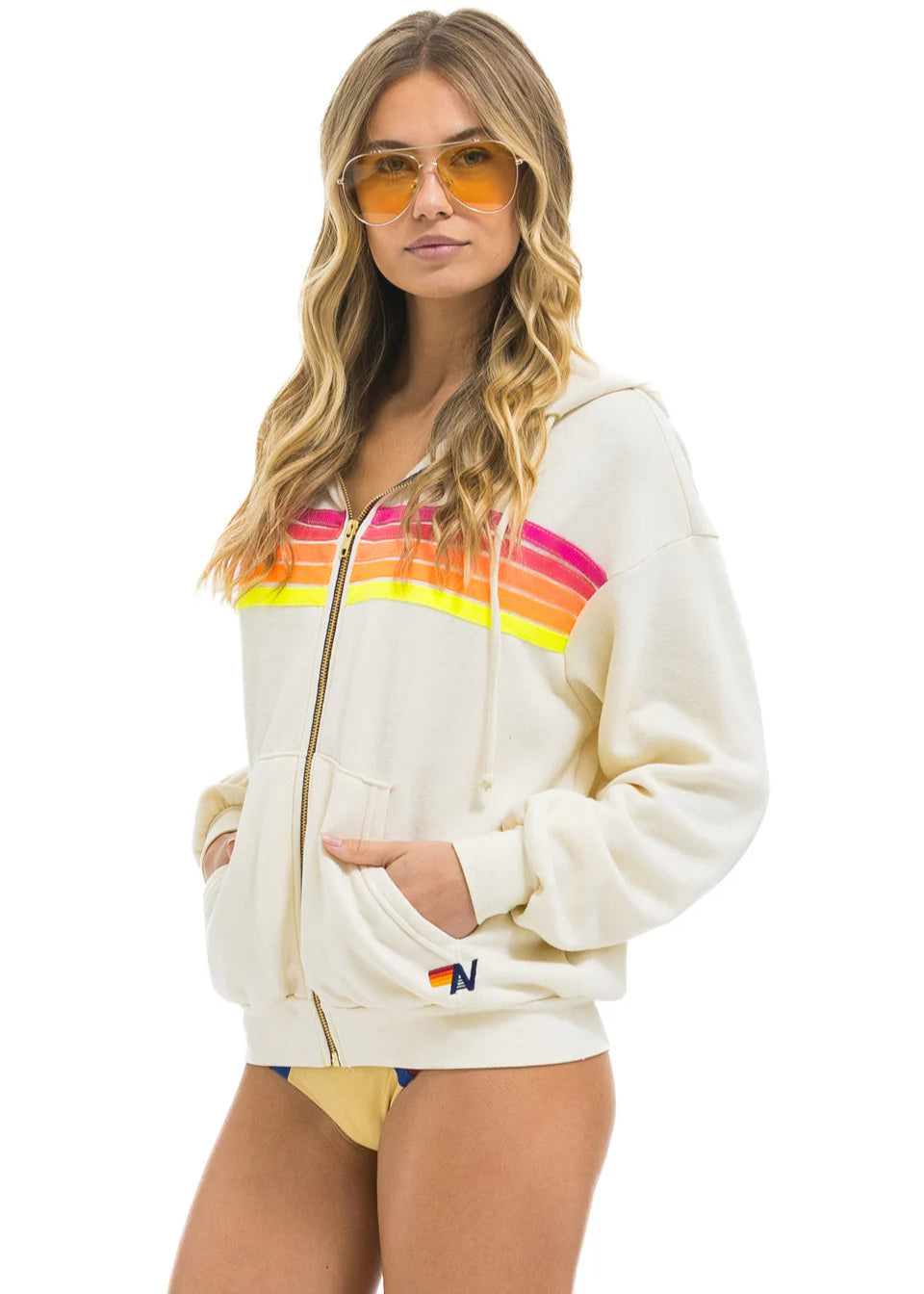 Aviator Nation 5 Stripe Zip Hoodie Relaxed White Neon