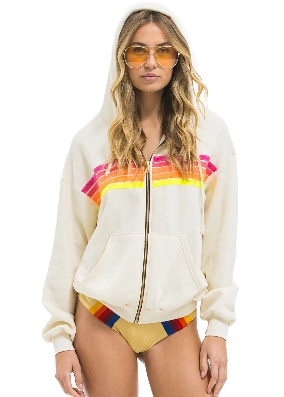 Aviator Nation 5 Stripe Zip Hoodie Relaxed White Neon