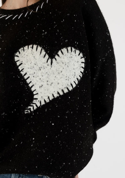 The Pink Door Crew Neck Sweater w/ Heart Detail - Black Fleck