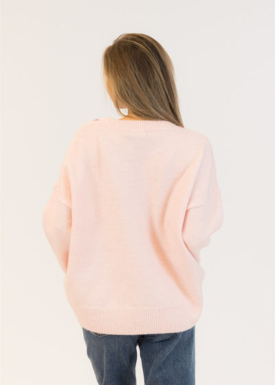 Lyla & Luxe Large Heart Pull Over Sweater Pale Pink