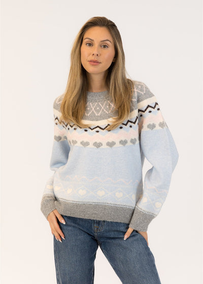 Lyla & Luxe Fair Isle Pull Over Sweater Blue/Grey