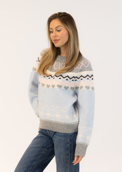 Lyla & Luxe Fair Isle Pull Over Sweater Blue/Grey