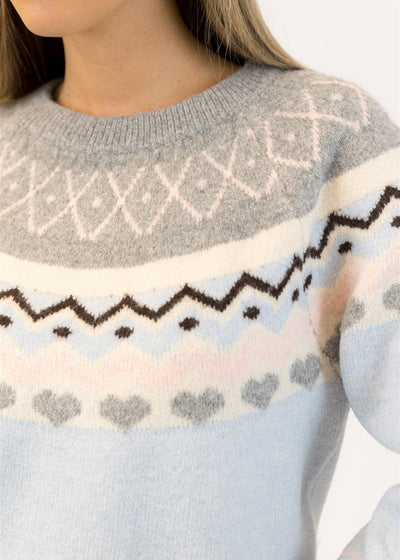Lyla & Luxe Fair Isle Pull Over Sweater Blue/Grey