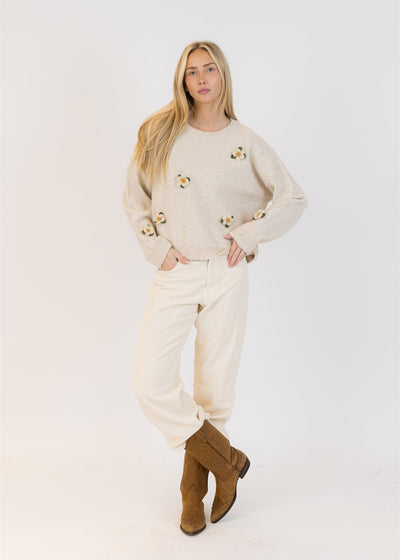 Lyla & Luxe Holly Flower Crew Neck Pull Over Sweater Oatmeal