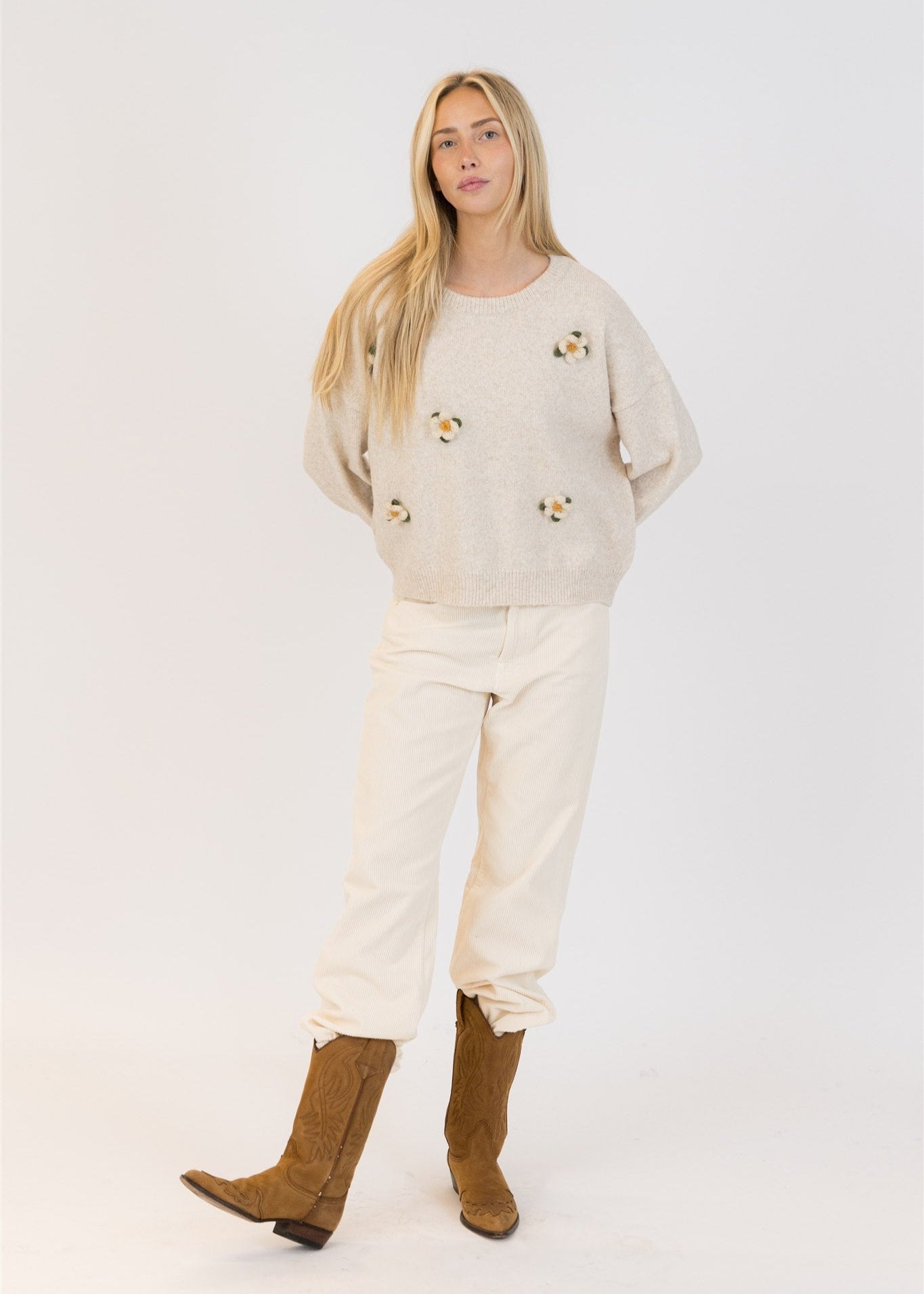 Lyla & Luxe Holly Flower Crew Neck Pull Over Sweater Oatmeal