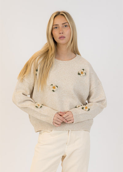 Lyla & Luxe Holly Flower Crew Neck Pull Over Sweater Oatmeal