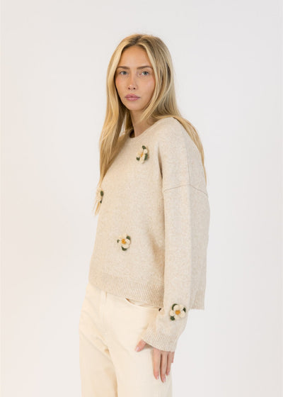 Lyla & Luxe Holly Flower Crew Neck Pull Over Sweater Oatmeal